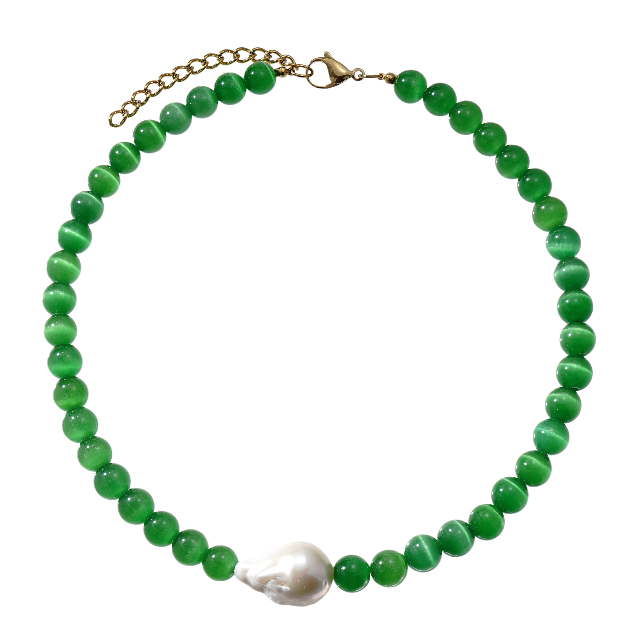 Large Emerald Green Catseye Baroque Pearl Beaded Choker