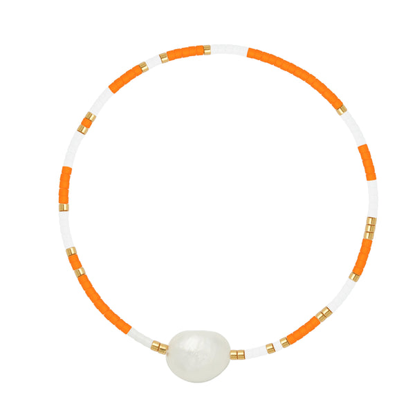 Orange, White & Gold Freshwater Pearl Beaded Bracelet