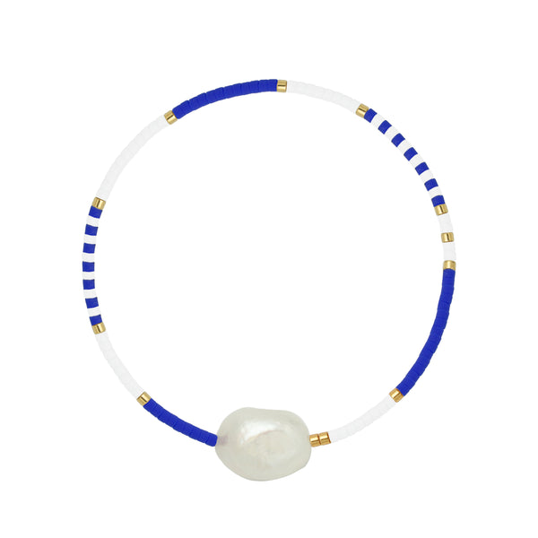 Cobalt Blue, White & Gold Freshwater Pearl Beaded Bracelet