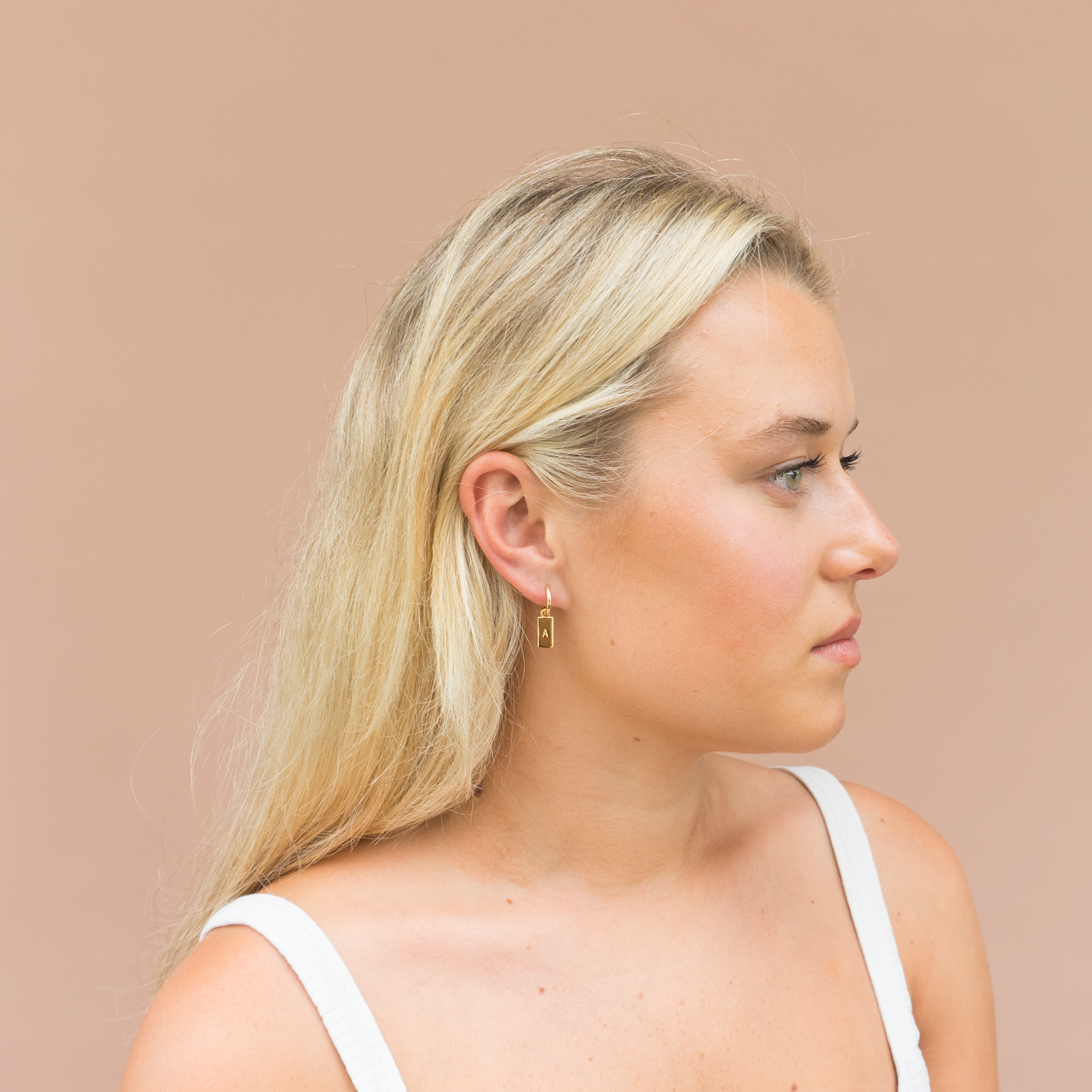 Gold Rectangle Tag Initial Hoops