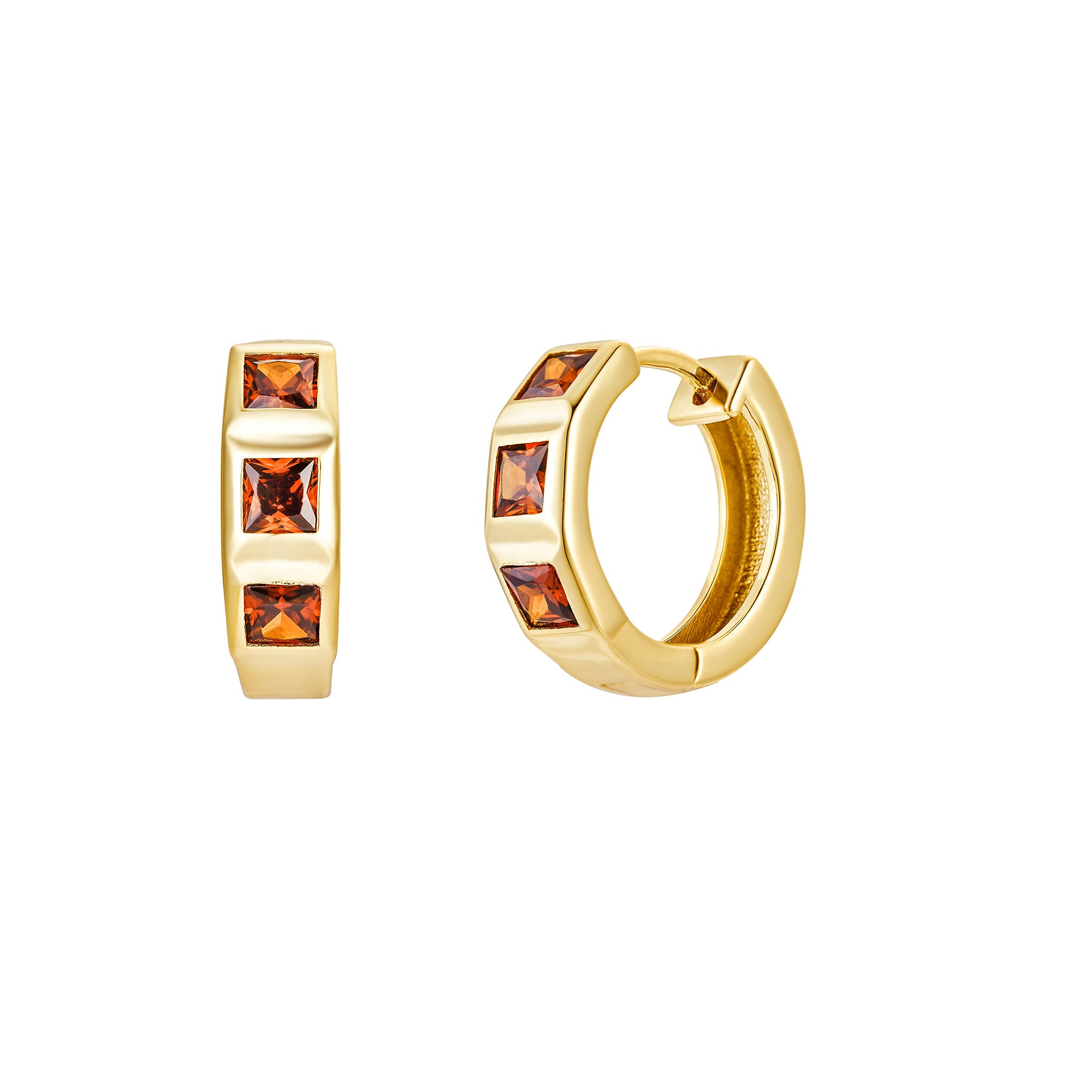 Gold Square Red Bezel Hoop Earrings