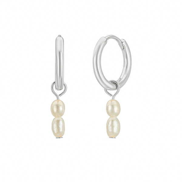 Silver Double Rice Pearl Hoops