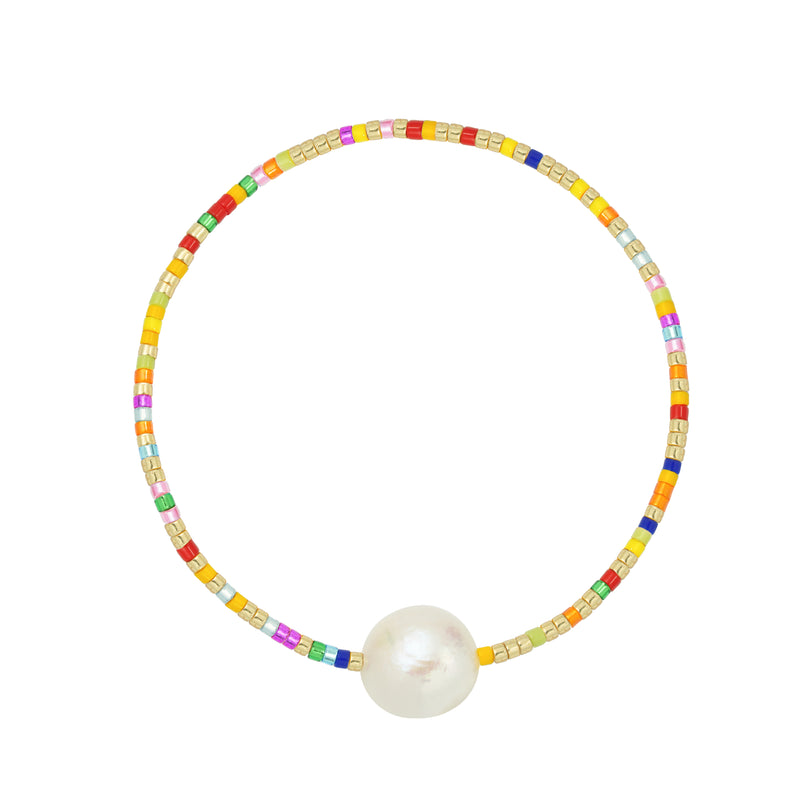 Bright Rainbow & Gold Pearl Beaded Bracelet