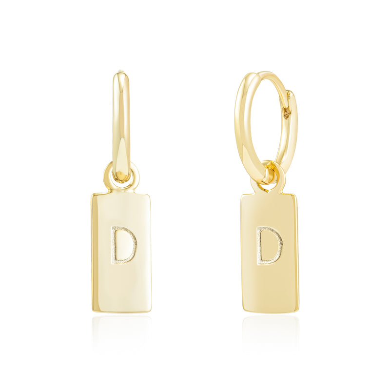 Gold Rectangle Tag Initial Hoops